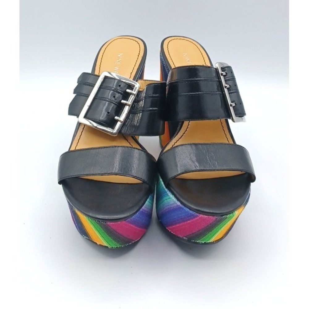 Nine West Women's Wedge Sandals Black Straps Rainbow-Patterned Platform Heel 7M